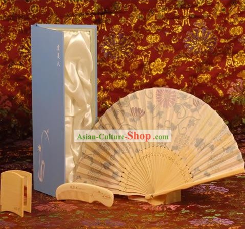 Chinese Carpenter Tan Hand Made Mirror Comb and Fan Gift Set