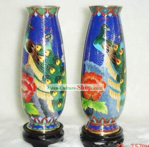 Chinesische Cloisonné Vase-Peacock Beauty (Paar)