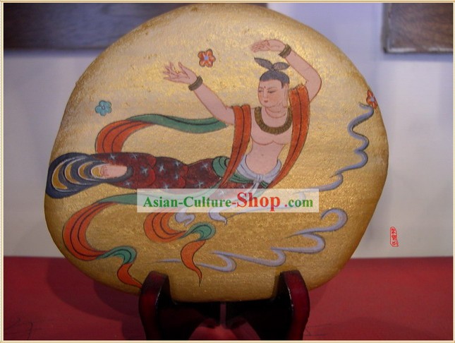 Chinese Dunhuang Hand Painted Cobblestone Mural Art-Chang E