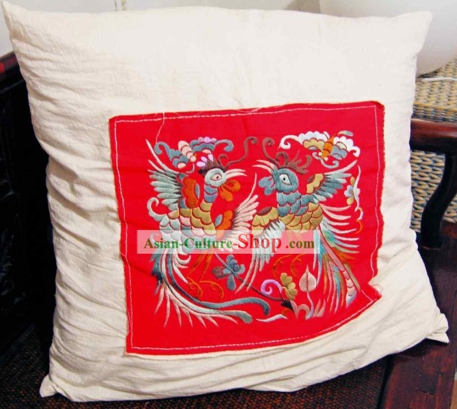 Chinese Lucky Red Phoenix Pair Silk Cushion