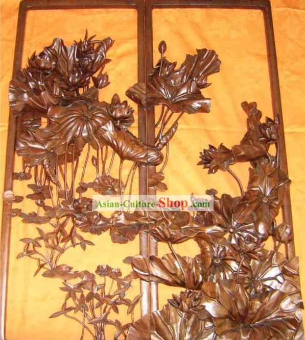 Chinese Palace Hand Carved Wooden Wall Hanging-Lotus