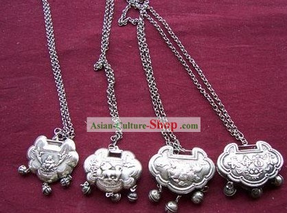 China Miao Tribe Silver Many Happy Returns Lock Necklace