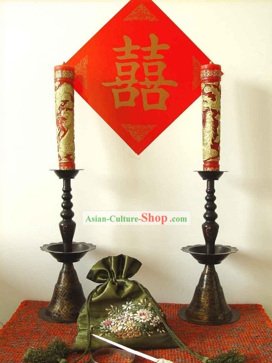 Chinese Wedding Copper Candlestick und Dragon Phoenix Kerzen