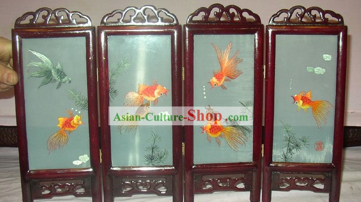 Chinese Embroidery Folding Screen Handicraft-Goldfishes