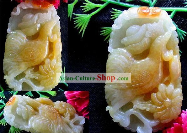 Chinese Chicken and Blossoming Peony Top Jade Charm