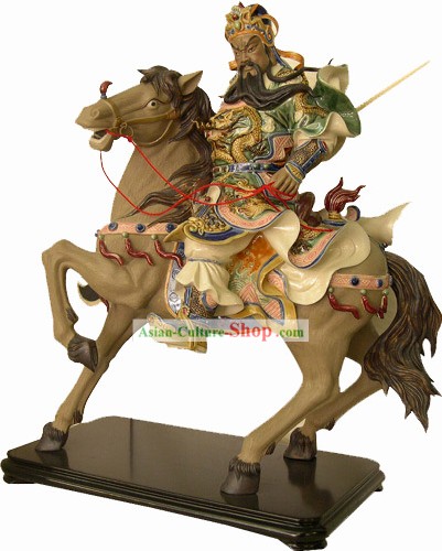Clássica Chinesa Shiwan Gong Guan-Estátua montado num cavalo