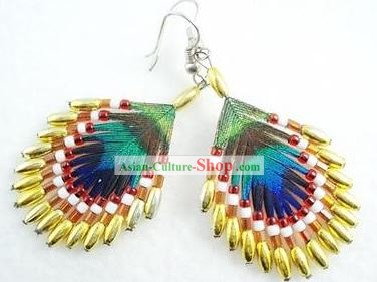 Hand Made Chinese Yi Minority Peacock Feather Earrings