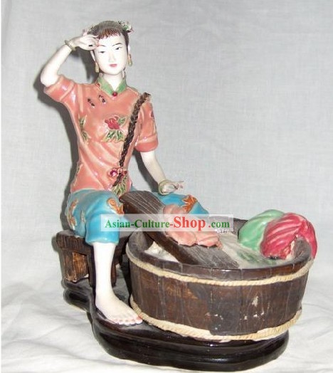 Chinese Classical Shiwan Statue - Ancient Lady Washing Clothes
