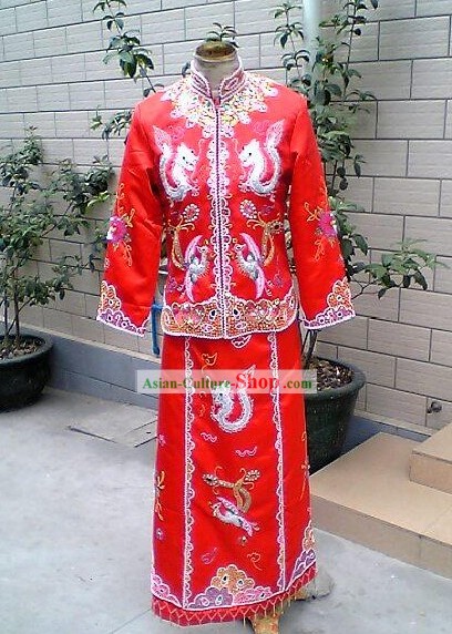 Traditionelles Chinesisch Lucky Red Phoenix und Dragon Brautkleid Komplett-Set