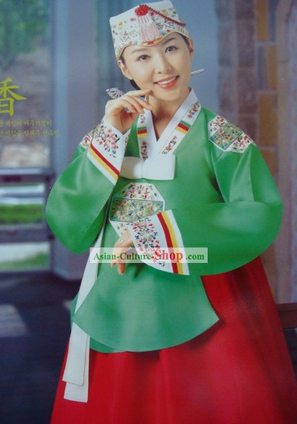 Coreano Clássico Hanbok 100% artesanal e bordado para as Mulheres (verde)