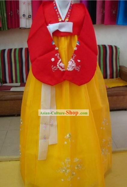 Coreano Clássico 100% Handmade coreano Hanbok Tang Beleza Vestido Gold-