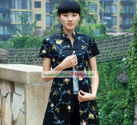 Chinesisch Mandarin handgefertigte florale Lange Cheongsam (Qipao) Bluse