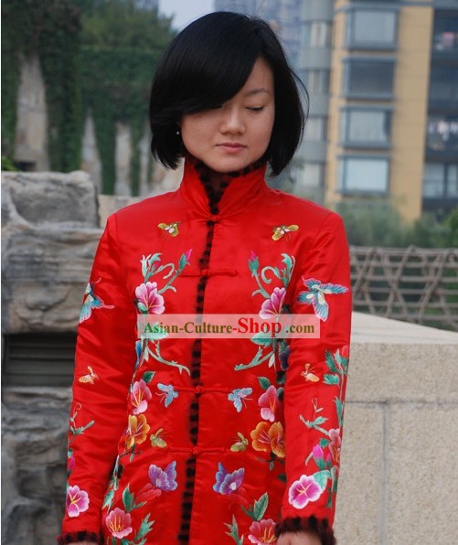 Tradicional Chinesa afortunada Blusa bordado floral vermelho