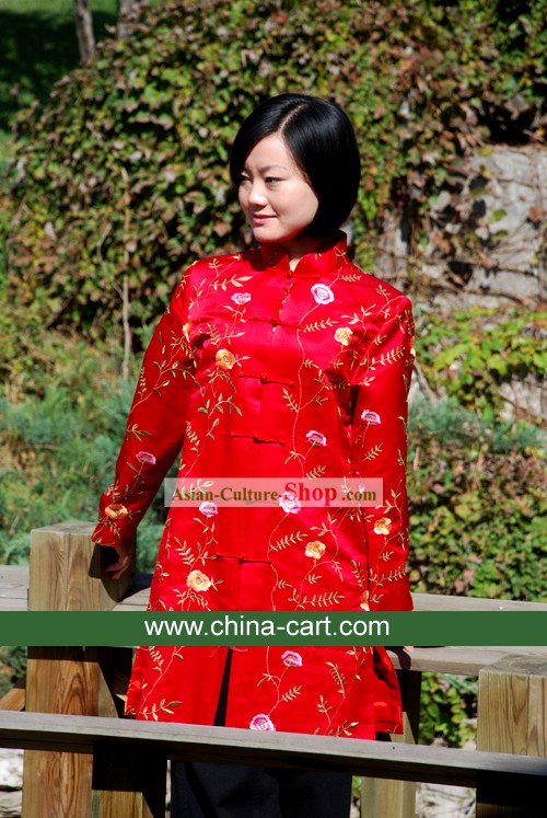 Cinese tradizionale fortunato camicetta rossa fiorito a mano