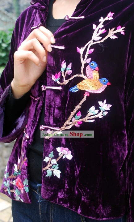 Stunning cinese a mano e ricamati uccelli cappotto di velluto per le donne