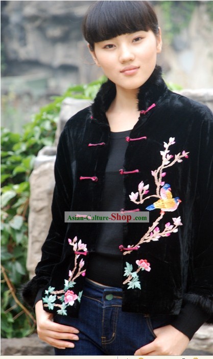 Stunning Chinese a mano e ricamati uccelli cappotto di velluto per le donne