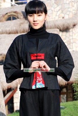 Traditionelles Chinesisch Mandarin Ice Flower Flax Bluse für Frauen