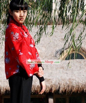 Traditionelles Chinesisch Mandarin Lucky Red Flowery Bluse