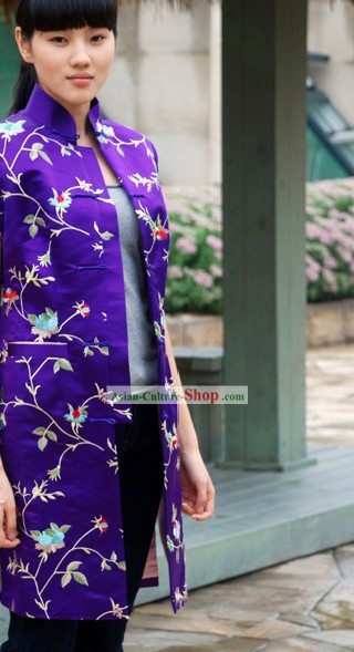 Stunning cinese Viola Seta Camicetta Fiore