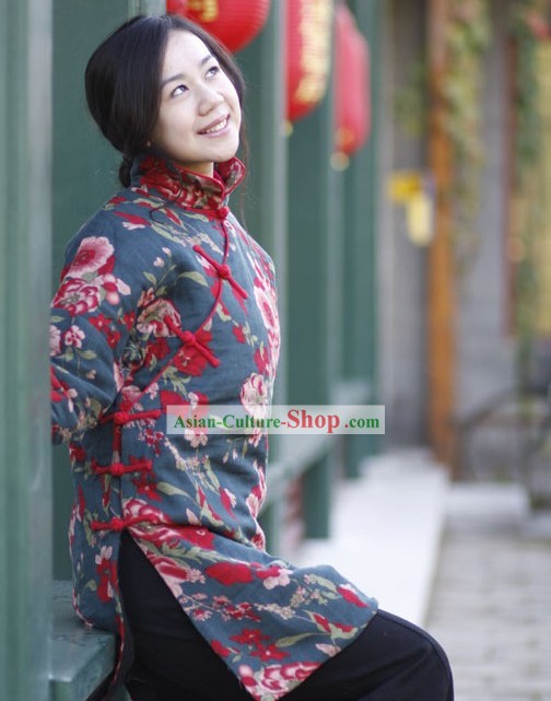 Cinese classico Handmade Folk Floral Cotton Jacket lungo per le donne