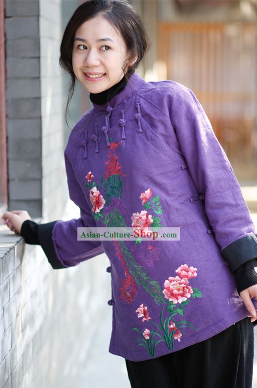 Cinese tradizionale a mano e ricamato Phoenix cappotto di lino per le donne