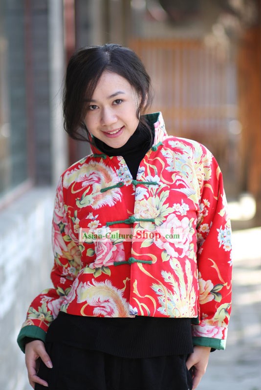Cinese classico Lucky Red Jacket Handmade Peony per le donne