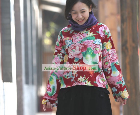 Chinese Traditional Folk Cotton Peony Blouse for Women