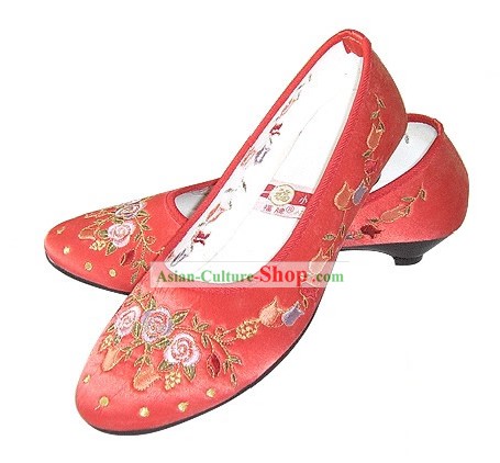 Chinês tradicional Handmade bordado sapatos de cetim (romã flor, vermelho)
