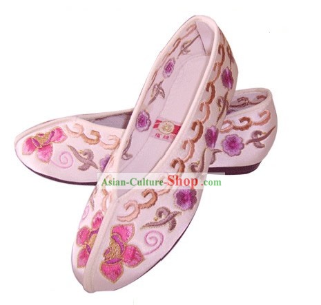 Chinês tradicional Handmade Princesa bordada sapatos de cetim (de flores diversas, rosa)