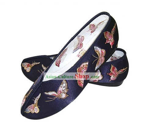 Chinese Traditional Handmade Embroidered Butterfly Satin Shoes (blue)