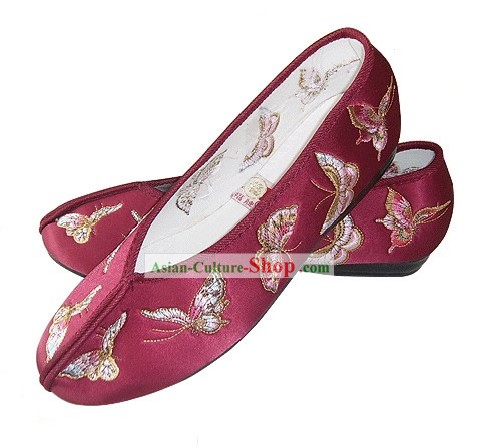 Chinês tradicional Handmade sapatos de cetim bordado borboleta (marrom)