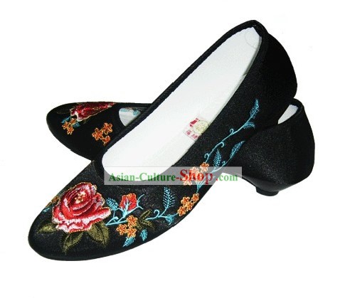 Chinês tradicional Handmade bordado sapatos de cetim (peônia, preto)