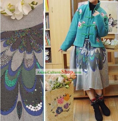 Supreme Chinese Traditional Handmade Wolle Peacock Skirt
