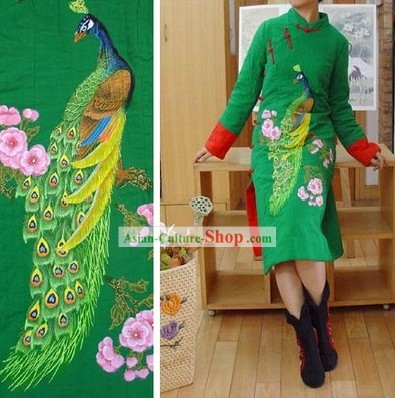 Supreme Chinese Green Hands Painted Peacock Winter Cotton Cheongsam