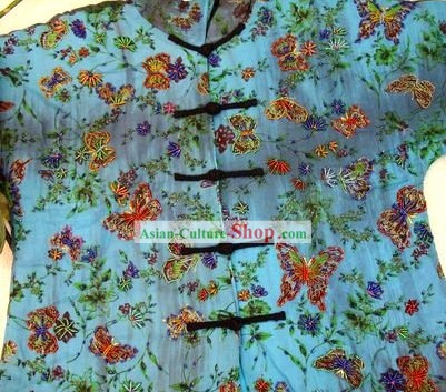 Supreme Chinese Blue Batik Pearls Butterfly Winter Cotton Blouse