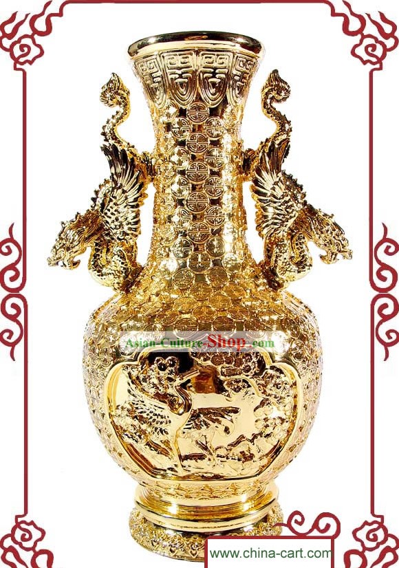 Kai Guang Feng Shui Chinese Golding Dragon and Phoenix Vase (keeping love couple)
