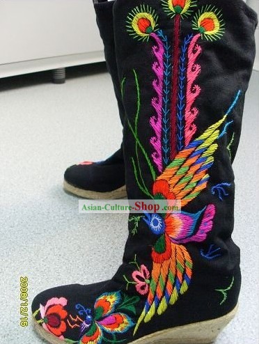 Chinese Classic Handmade and Embroidered Phoenix Long Boots