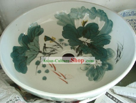 Chinese Classic Jing De Zhen Ceramic Hands Painted Lotus Bathroom Basin