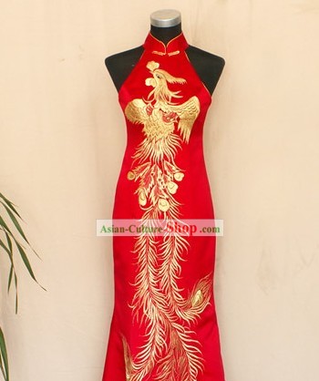 Chinese Traditional Lucky Red Phoenix Cheongsam