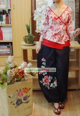 Cinese classico in cotone ricamato Grande Peony e pantaloni di lino