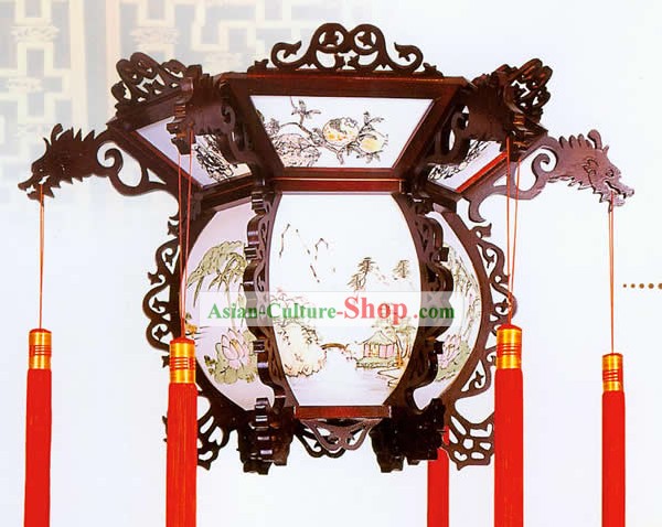Chinese Hand Made and Carved Wooden Dragon Ceiling Lantern - Landscape Painting