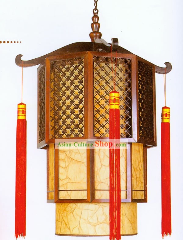32 Inches Large Chinese Traditional Hand Made Sheepskin Wooden Ceiling Lantern - Tower