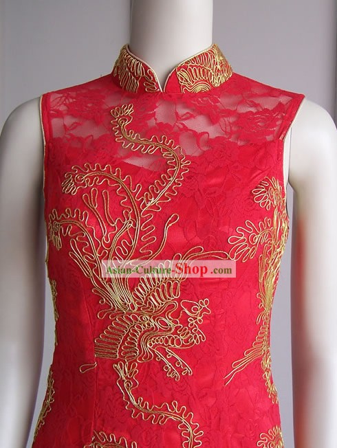 Deslumbrante Mandarin Ouro Phoenix Sorte Red Cheongsam (Qipao)