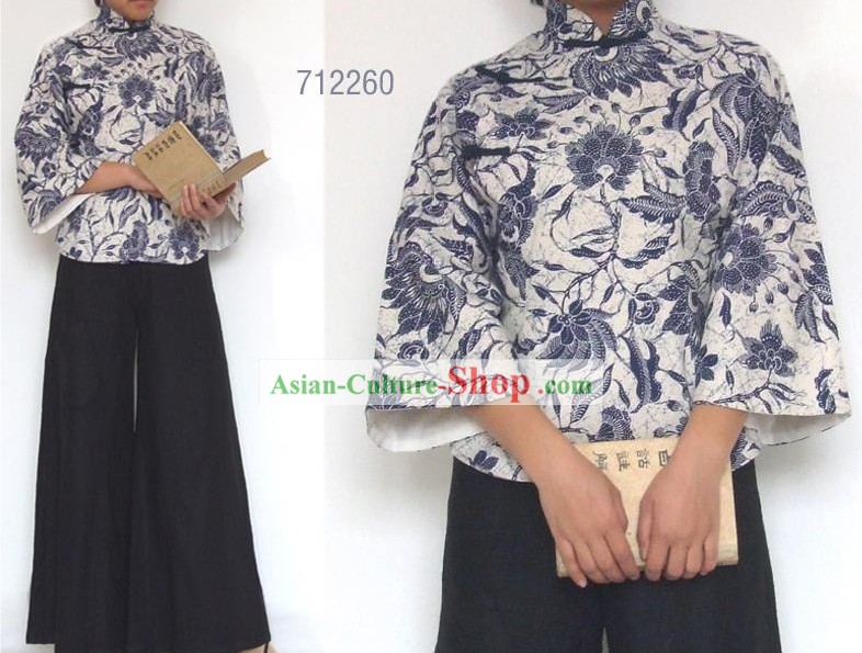 Chinese Traditional Mandarin Cotton Blouse - Blue and White Porcelain