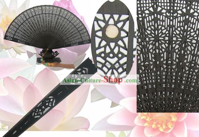 Chinese Traditional Handmade and Carved Purple Sandalwood Fan