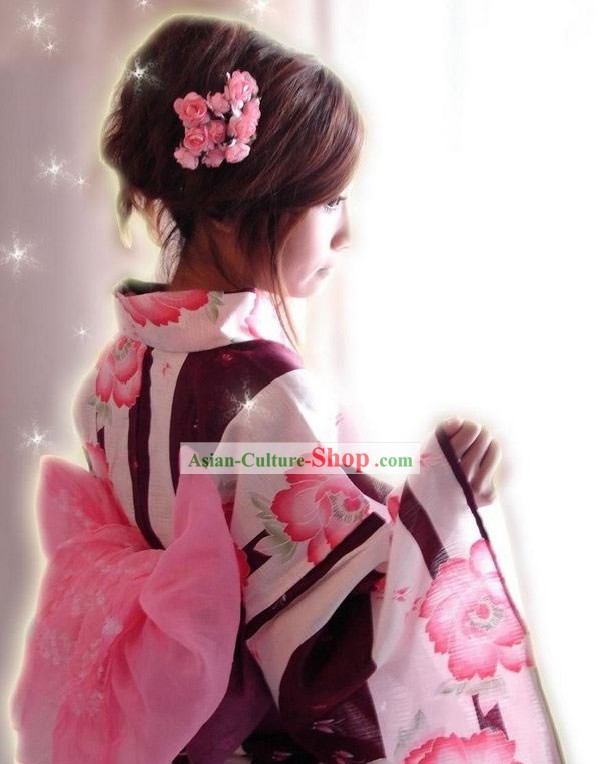 Traditional Flowery Japanese Kimono Handbag and Geta Full Set
