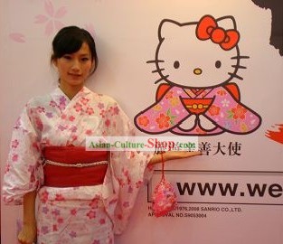 Traditionalピンク桜花日本の着物のハンドバッグと下駄フルセット