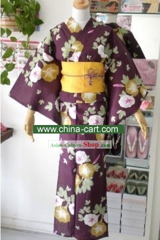 Traditional Purple Morning Glory Japanese Kimono Handbag and Geta Full Set