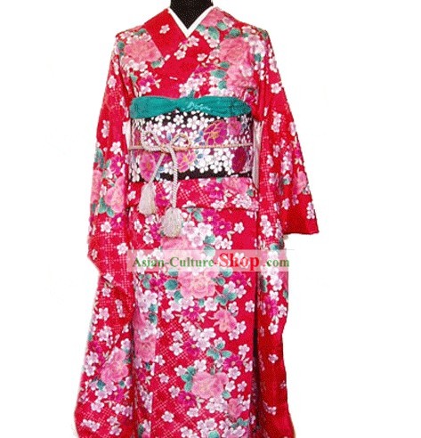 Traditionalラッキーレッドピオニー日本の着物のハンドバッグと下駄フルセット