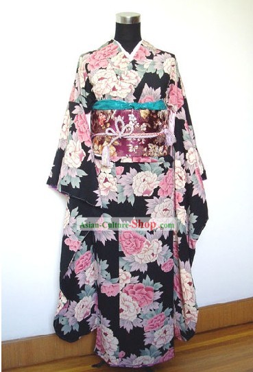 伝統的な日本の牡丹着物ハンドバッグと下駄フルセット